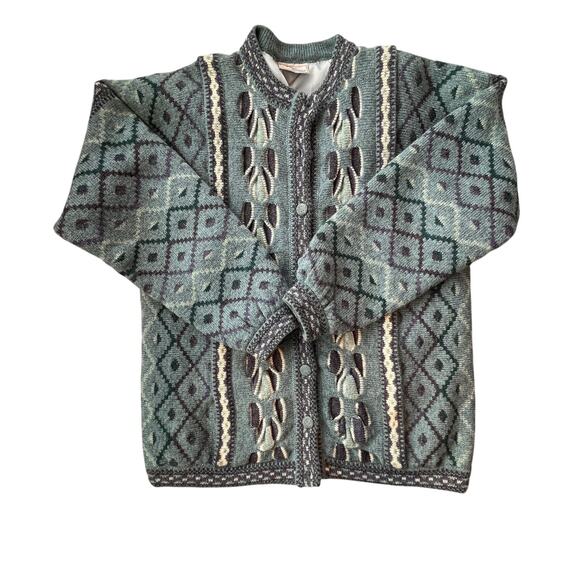 Bebhinn Marten Irish Wool Cardigan Sweater Green Blue Diamond Knit Made Ireland - Picture 2 of 13